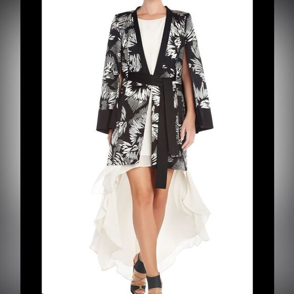 BCBGMaxazria  Runway Black & White Embroidered Satin Caleum Kimono Cape - Picture 1 of 8